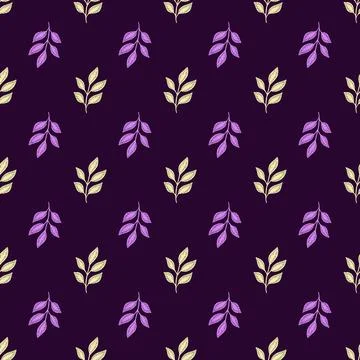 Contrast botanic seamless pattern with doodle leaves branches elements. Purpl 스톡 일러스트