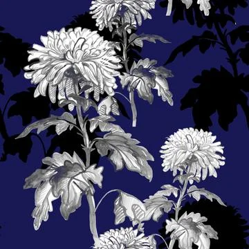 Contrast bright floral seamless pattern with freehand sketch of chrysanthemum. Stock Illustration