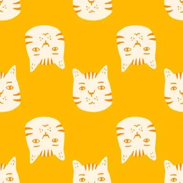Contrast bright seamless cat pattern. Bright yellow background with white fac 스톡 일러스트