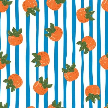 Contrast bright seamless doodle pattern with random persimmons ornament. Blue Illustrazione stock