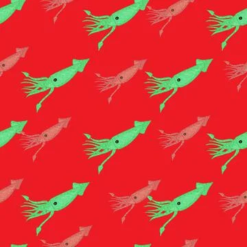 Contrast bright seamless pattern with green squids shapes. Red background. Na Illustrazione stock