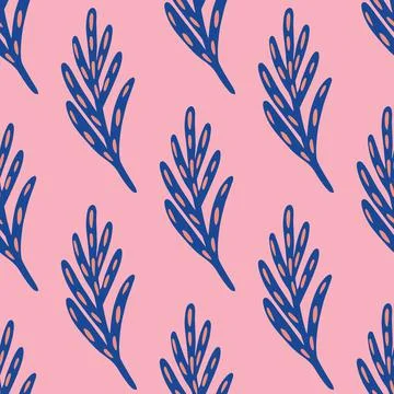 Contrast bright seamless pattern with navy blue doodle leaf branches shapes.  Stock Illustration