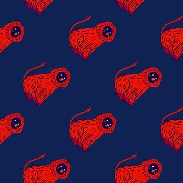 Contrast bright seamless pattern with red simple lion shapes print. Navy blue イラスト素材