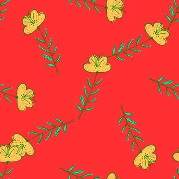 Contrast bright seamless random pattern with yellow wildflowers. Red backgrou Illustrazione stock