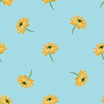 Contrast creative seamless pattern with yellow hand drawn chrysanthemum flowe Illustrazione stock