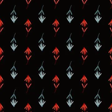 Contrast dark seamless pattern with botanic doodle outline blue and red flowe Illustrazione stock