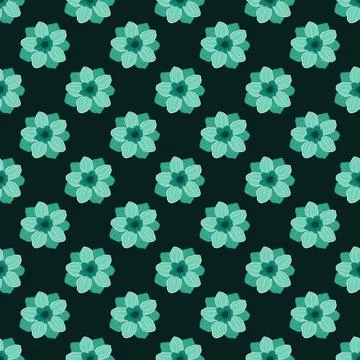 Contrast dark seamless pattern with bright turquoise anemone buds flower shap Stock Illustration