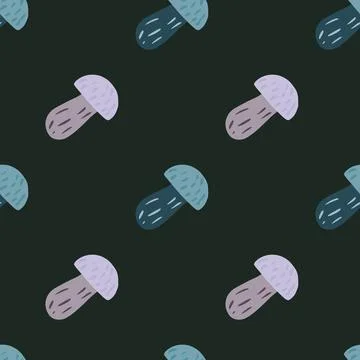 Contrast dark seamless pattern with purple and blue mushroom elements. Black  Stock Illustration