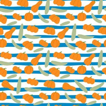 Contrast doodle seamless pattern with orange pumpkin and grey zucchini food o Stock Illustration