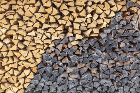 Contrast of fresh and weathered split firewood logs Stock Photos