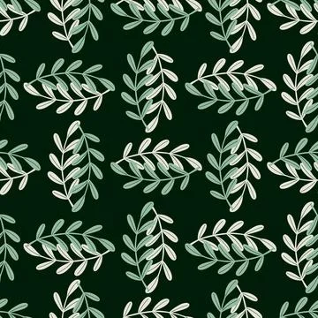Contrast herbal seamless pattern with green simple herbal twigs shapes. Black Stock Illustration