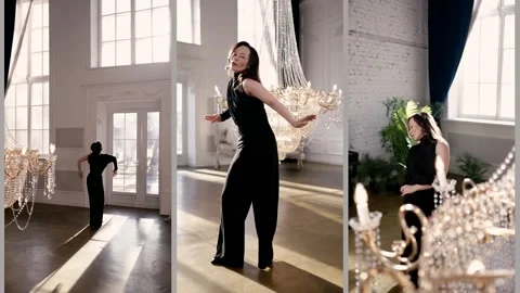 Contrast of light and shadow. Smooth dancing poses in a black suit against   Stock Footage 314645833