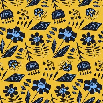 Contrast orange floral pattern with black flowers Stock Illustration
