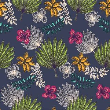 Contrast pattern with tropical leaves on dark blue Stock Illustration