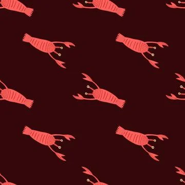 Contrast red lobster seamless pattern. Doodle aquatic animal print with dark  イラスト素材