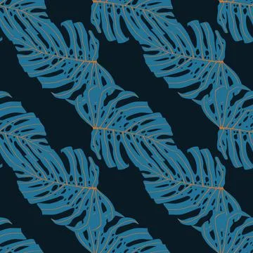 Contrast seamless doodle pattern with blue monstera silhouettes. Black backgr Stock Illustration
