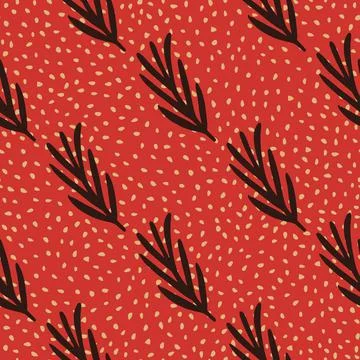 Contrast seamless doodle pattern with hand drawn black rosemary ornament. Red Stock Illustration