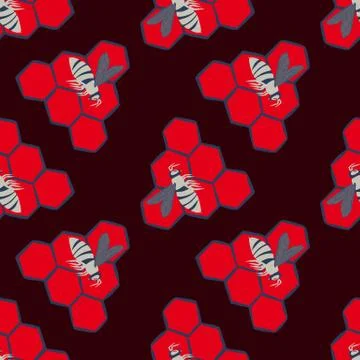 Contrast seamless doodle pattern with honeycombs and blue bees. Bright red or Stock Illustration