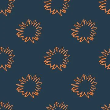 Contrast seamless doodle pattern with orange contoures sun silhouettes. Dark  Stock Illustration