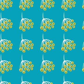 Contrast seamless doodle pattern with yellow sorbus berry ornament. Blue back Illustrazione stock