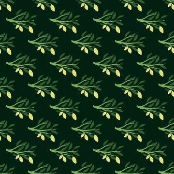 Contrast seamless fruit pattern with doodle cartoon green branches and yellow Illustrazione stock