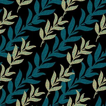 Contrast seamless pattern with blue and grey leaf branches silhouettes. Black Stock Illustration