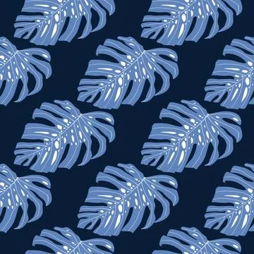 Contrast seamless pattern with blue bright monstera ornament. Navy blue dark  Illustrazione stock