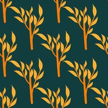 Contrast seamless pattern with bright orange leaf branches silhouettes. Dark  イラスト素材