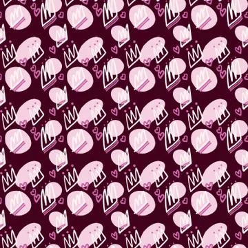 Contrast seamless pattern with crowns on dark burgundy background. Pink circl Stock Illustration