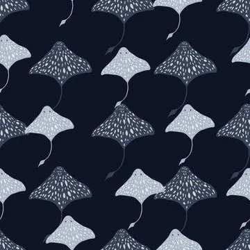 Contrast seamless pattern with doodle blue stingray silhouettes print. Black  Illustrazione stock