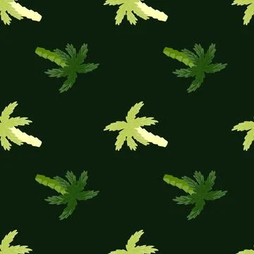 Contrast seamless pattern with doodle green palm tree shapes. Dark background Illustrazione stock