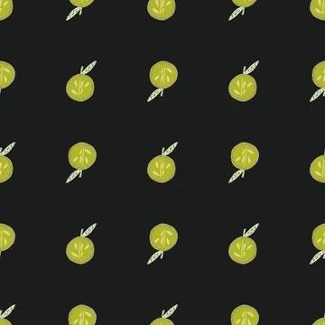 Contrast seamless pattern with doodle hand drawn green apple shapes. Black ba Stock Illustration