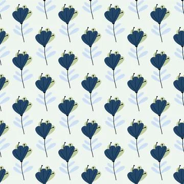 Contrast seamless pattern with doodle navy blue simple flowers elements. Ligh Stock Illustration
