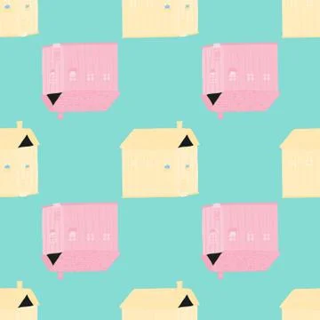 Contrast seamless pattern with doodle village elements. Pink and yellow house Stock Illustration