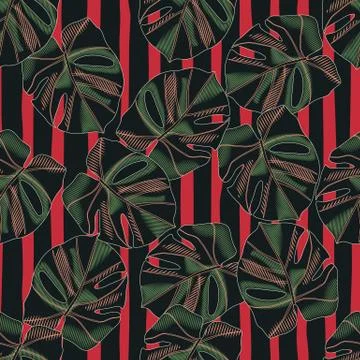 Contrast seamless pattern with green dark tones monstera leafs. Red and black Illustrazione stock