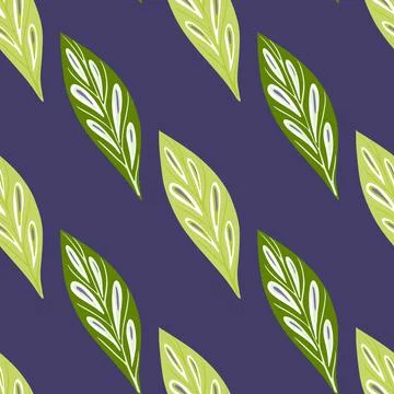 Contrast seamless pattern with green geometric leaf silhouettes print. Navy b Stock Illustration