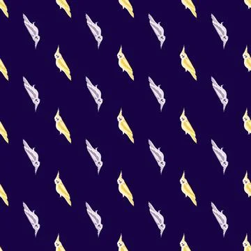 Contrast seamless pattern with light blue and yellow cockatoo parrot bird ele Illustrazione stock