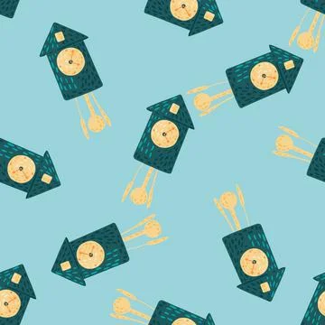 Contrast seamless pattern with navy blue cuckoo clock silhouettes print. Rand Illustrazione stock