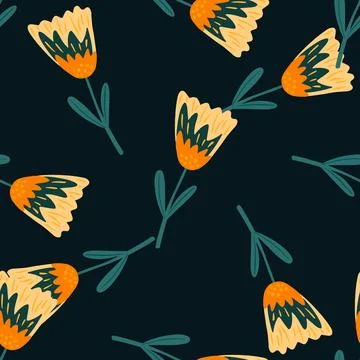 Contrast seamless pattern with orange flower doodle shapes. Black background. Illustrazione stock