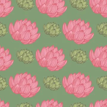 Contrast seamless pattern with pink lotus elements print. Green background. N イラスト素材