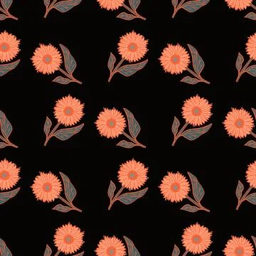 Contrast seamless pattern with pink sunflowers decor ornament. Black backgrou Illustrazione stock