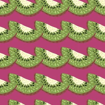 Contrast seamless pattern with simple green kiwi slice elements. Pink bright 스톡 일러스트