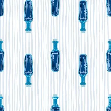 Contrast seamless witchy pattern with navy blue bottle potion shapes. Striped Ilustración de archivo
