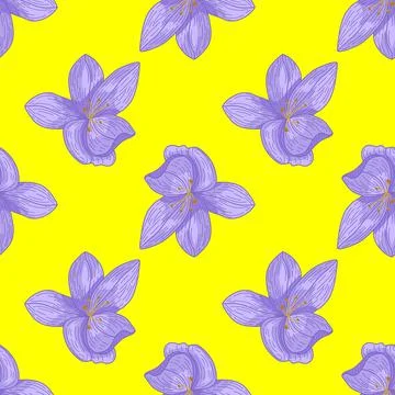 Contrast summer seamless pattern with blue orchid flower elements. Yellow bac Stock Illustration