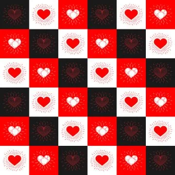 Contrasting squares seamless pattern with hearts and rays. Creative concept d 스톡 일러스트