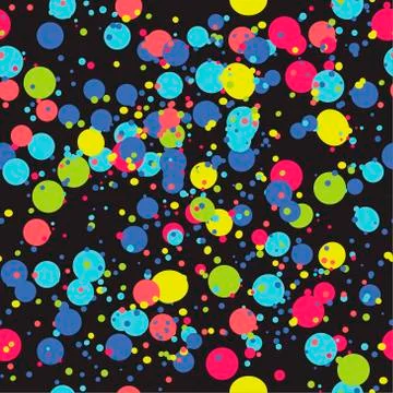 Contrasty vector seamless pattern with brigh paint spots on a black  Stock Illustration