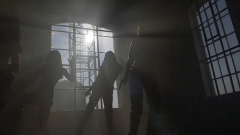 Contre jour silhouettes dancing synchronously in the fog at sunset Stock Footage 125530106