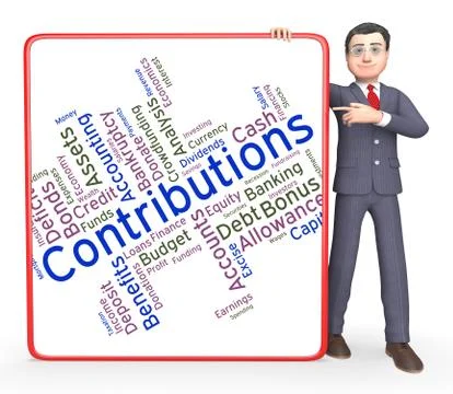 Contributions Word Represents Contribute Contributes And Donating 스톡 일러스트