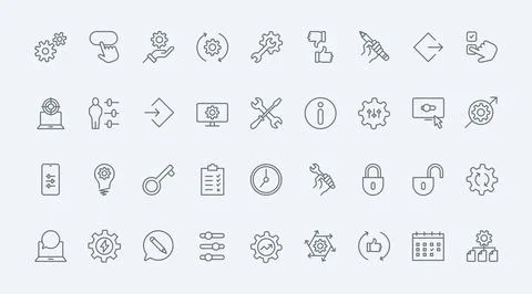 Control and management of system productivity line icons set, gears and setup Stock Illustration