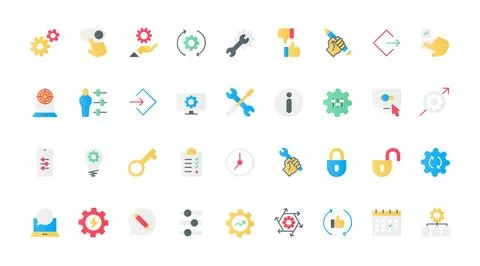 Control and management of system productivity flat icons set, gears and setup Stock Illustration